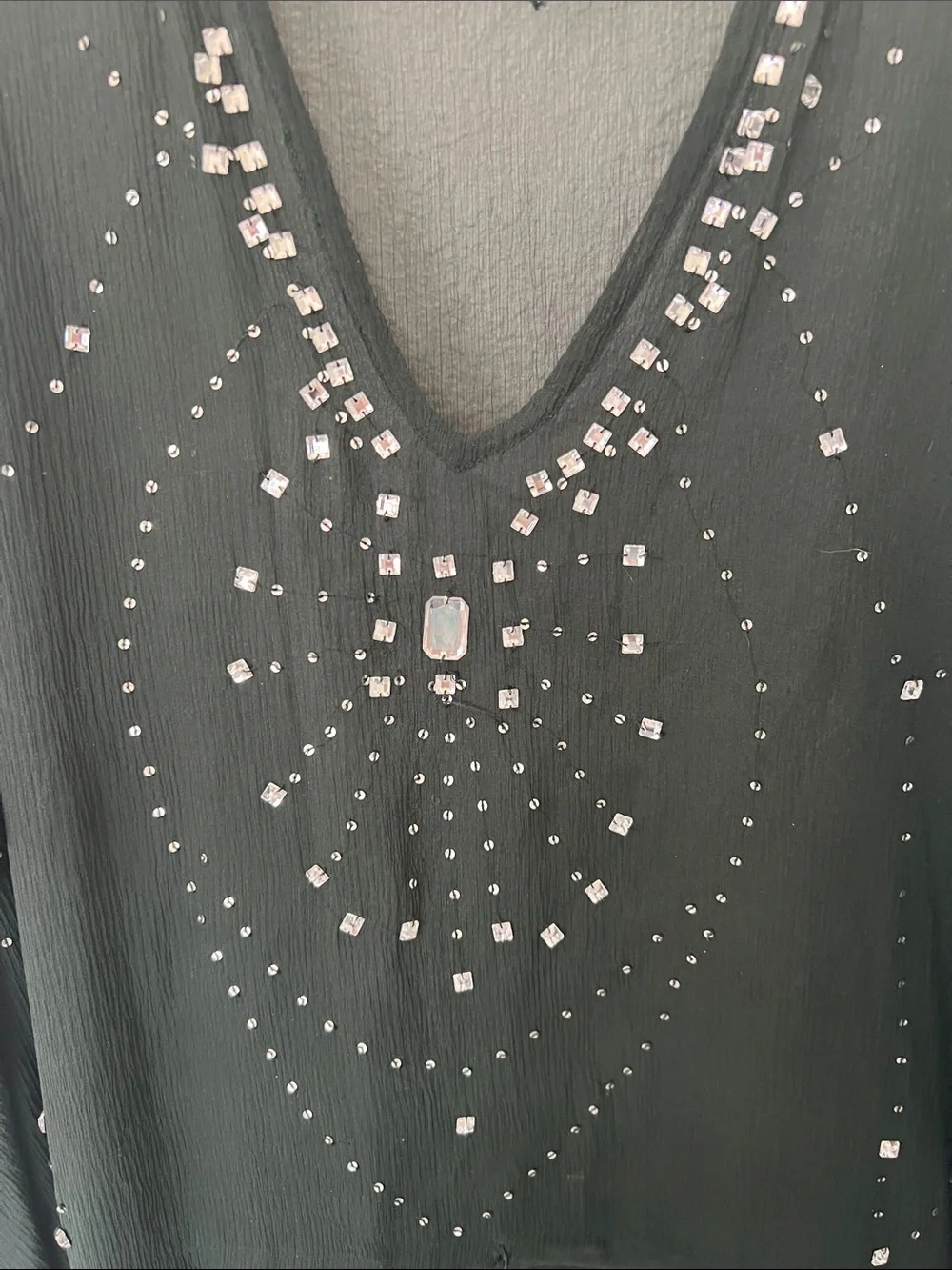 Sheer Dark Green Beaded V-Neck Caftan - Picture 3 of 5